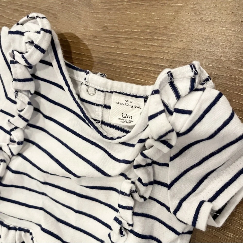 Starting Out Baby Girl White Blue Ruffled Stripped Dress Outfit Size 12 Months